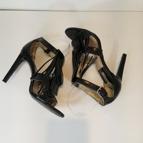 UTERQUE SPAIN FRINGE LEATHER ANKLE STRAP STILETTO HEELS BLK EUR 38 US 8 - Picture 4 of 10